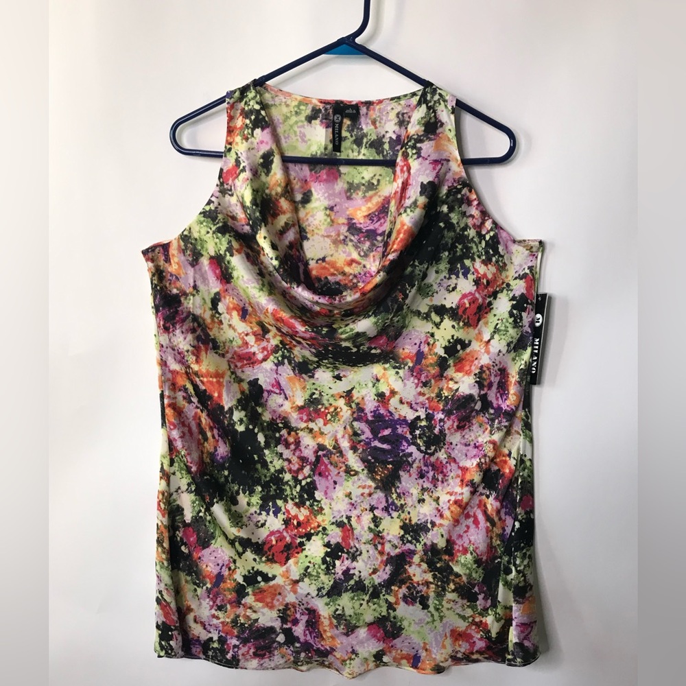 MILANO Multicolor Abstract Print Sleeveless Scoop Cowel Neck Blouse Womens Sz L